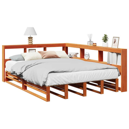 Bed met boekenkast zonder matras grenenhout wasbruin 140x200 cm