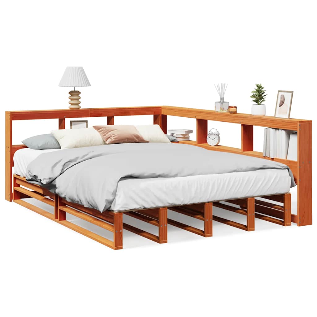 Bed met boekenkast zonder matras grenenhout wasbruin 140x190 cm