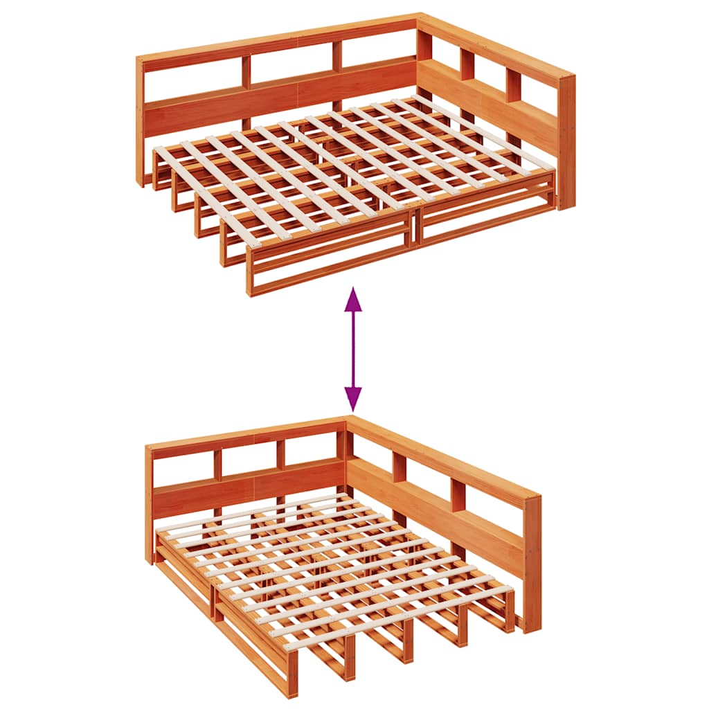 Bed met boekenkast zonder matras grenenhout wasbruin 140x190 cm