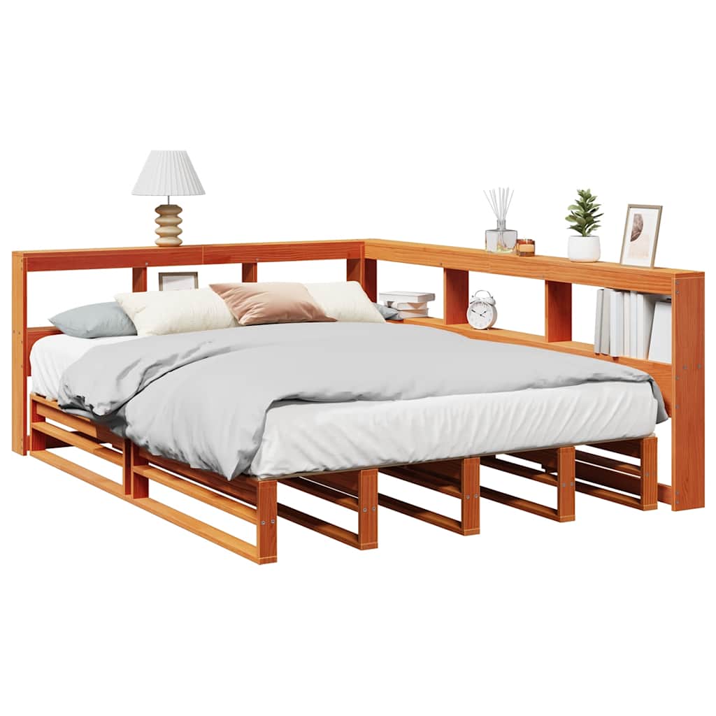 Bed met boekenkast zonder matras grenenhout wasbruin 135x190 cm
