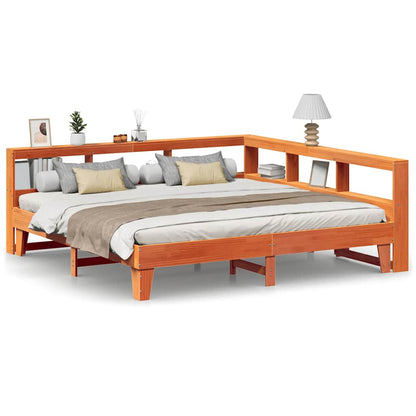 Bed met boekenkast zonder matras grenenhout wasbruin 200x200 cm