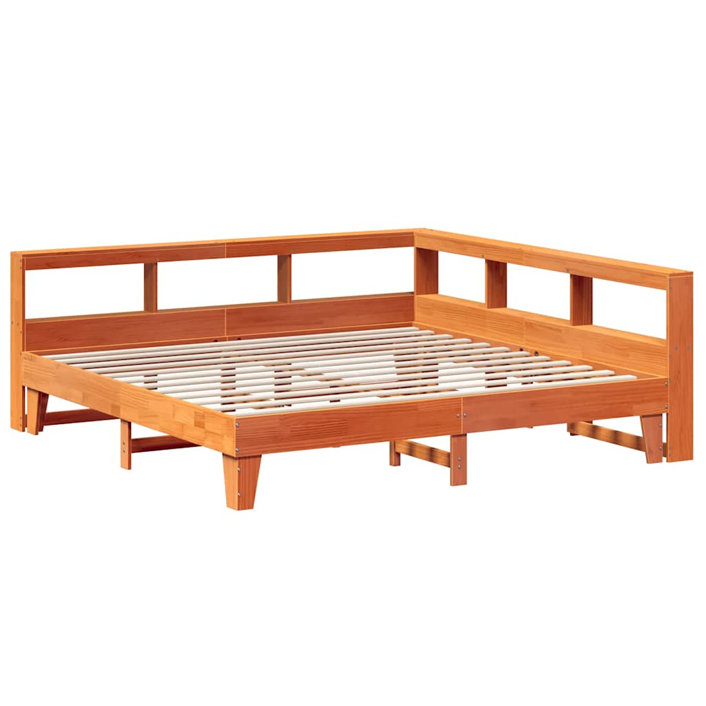 Bed met boekenkast zonder matras grenenhout wasbruin 200x200 cm