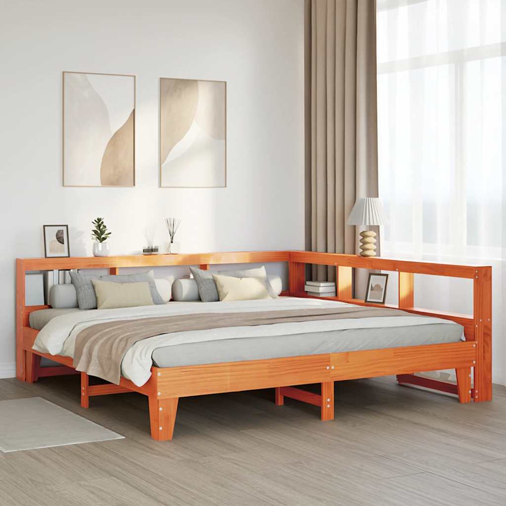 Bed met boekenkast zonder matras grenenhout wasbruin 200x200 cm