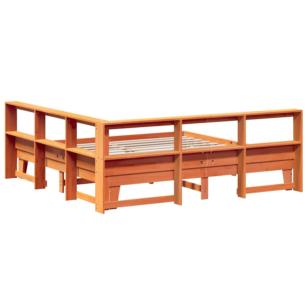 Bed met boekenkast zonder matras grenenhout wasbruin 200x200 cm