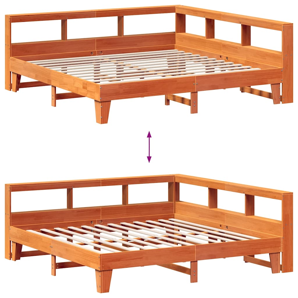Bed met boekenkast zonder matras grenenhout wasbruin 200x200 cm