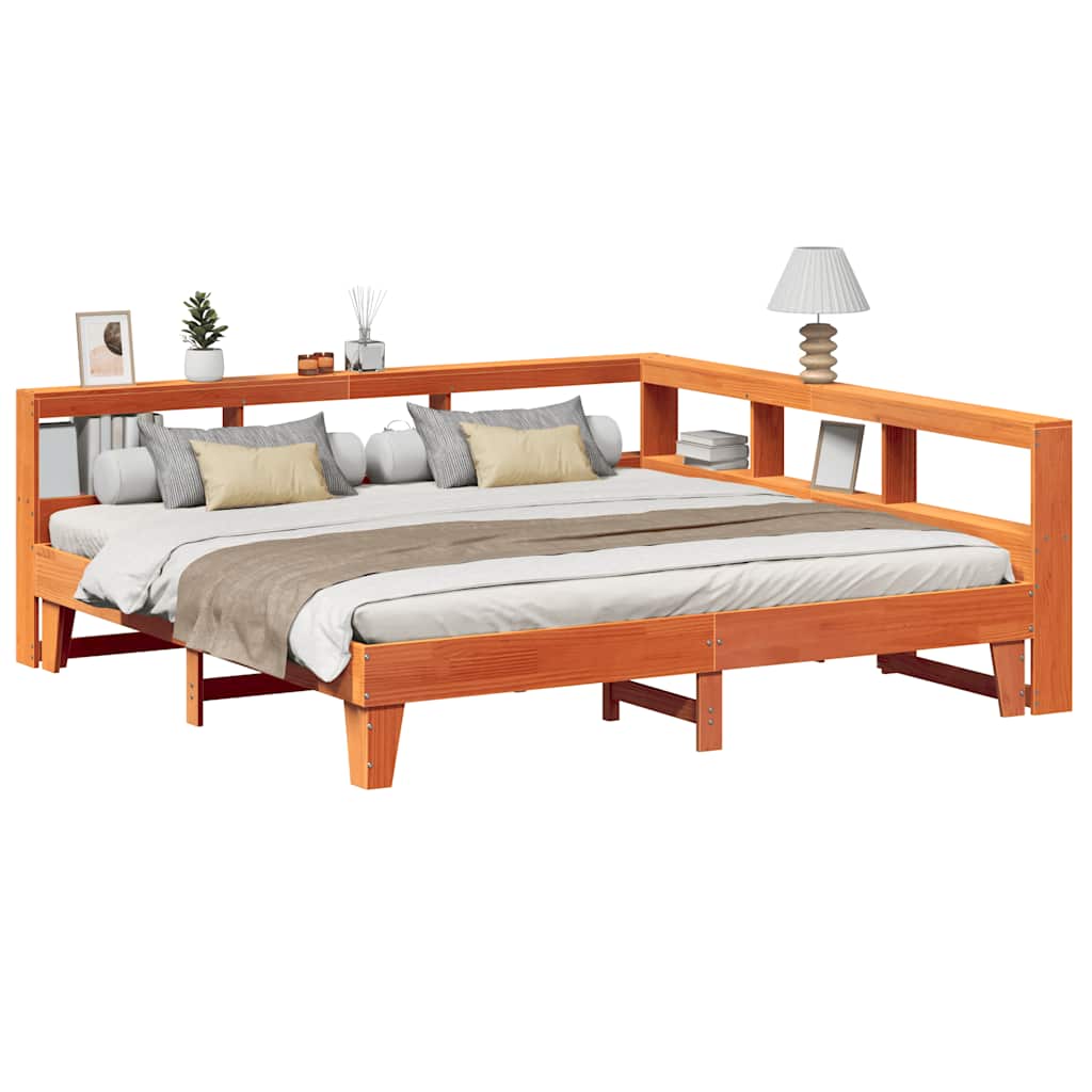 Bed met boekenkast zonder matras grenenhout wasbruin 200x200 cm