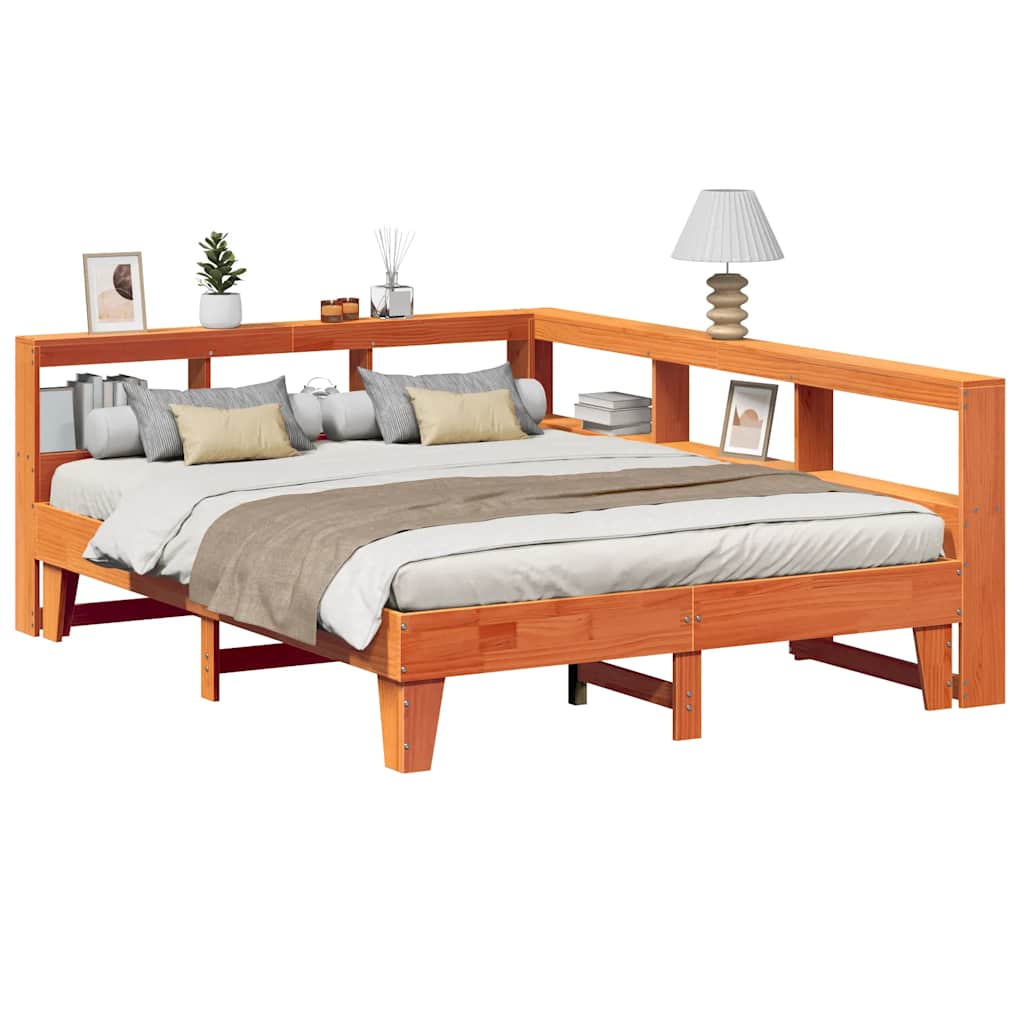 Bed met boekenkast zonder matras grenenhout wasbruin 150x200 cm