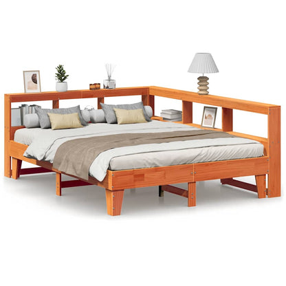 Bed met boekenkast zonder matras grenenhout wasbruin 140x200 cm