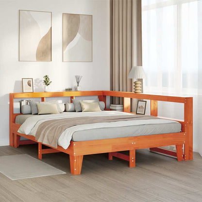 Bed met boekenkast zonder matras grenenhout wasbruin 140x200 cm