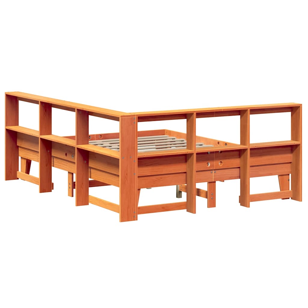 Bed met boekenkast zonder matras grenenhout wasbruin 140x200 cm