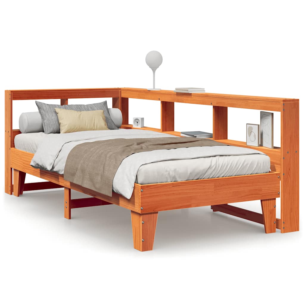 Bed met boekenkast zonder matras grenenhout wasbruin 90x200 cm
