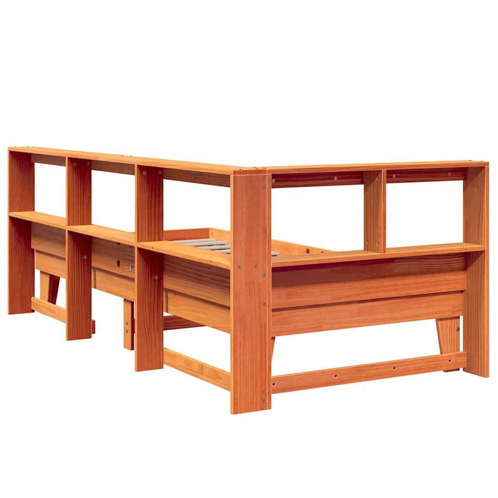 Bed met boekenkast zonder matras grenenhout wasbruin 90x200 cm