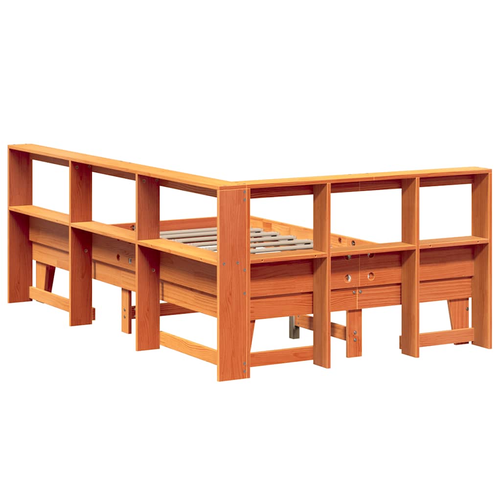 Bed met boekenkast zonder matras grenenhout wasbruin 140x190 cm