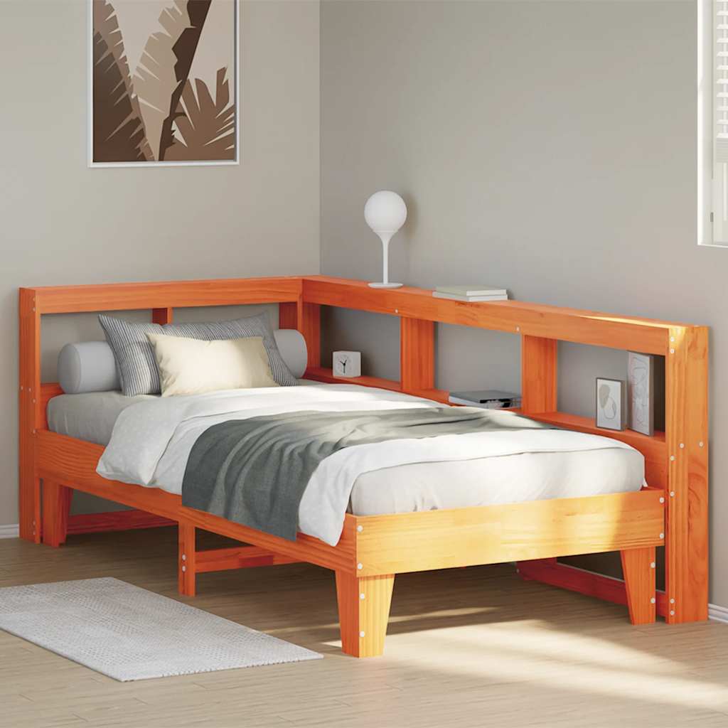 Bed met boekenkast zonder matras grenenhout wasbruin 75x190 cm