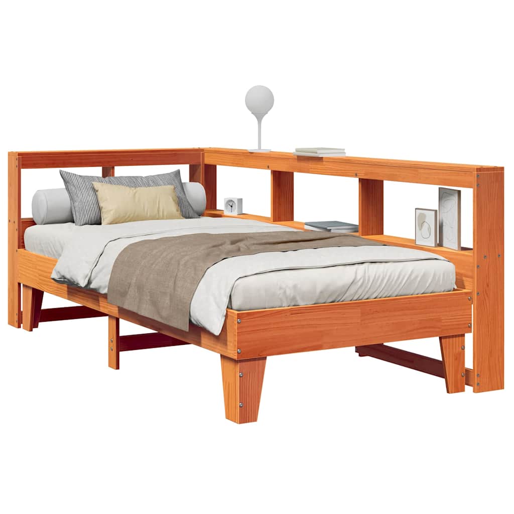 Bed met boekenkast zonder matras grenenhout wasbruin 75x190 cm