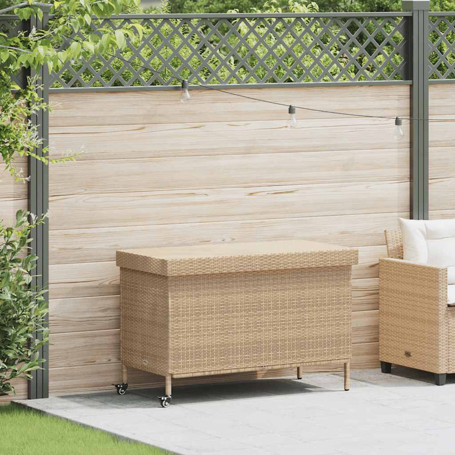 Tuinbox met wielen 110x55x73 cm poly rattan gemengd beige