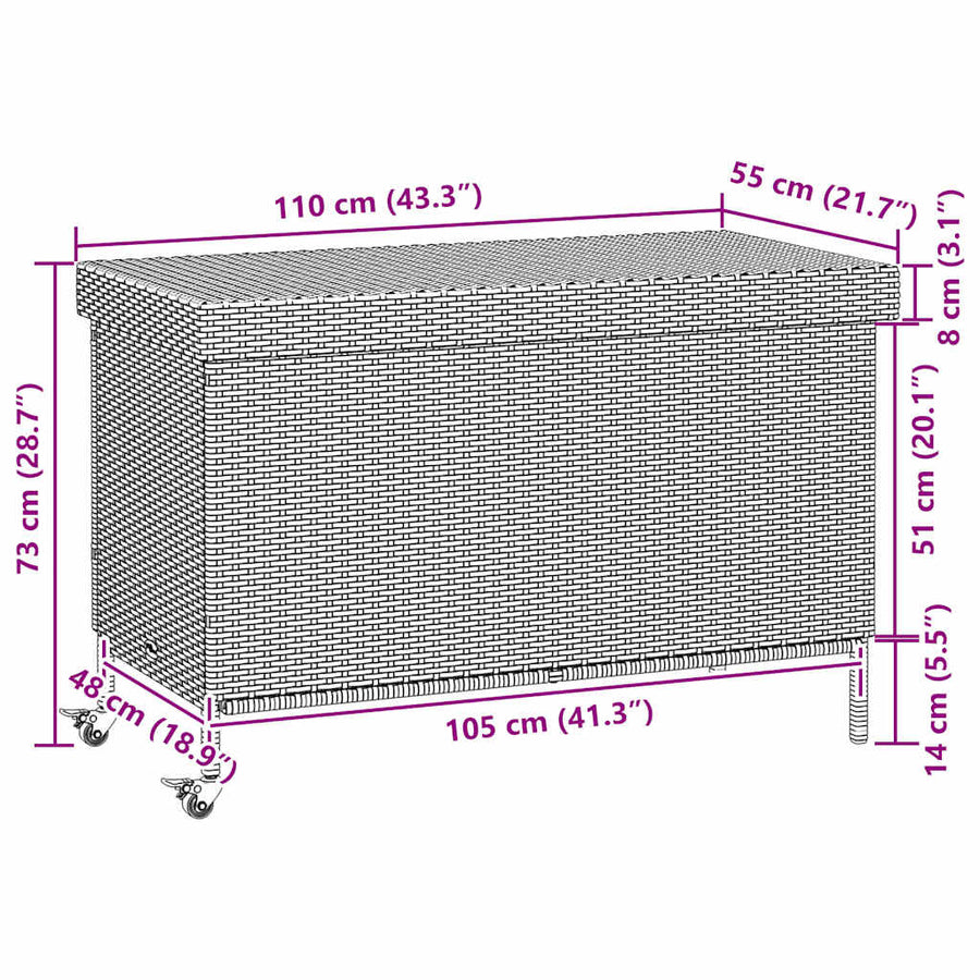 Tuinbox met wielen 110x55x73 cm poly rattan lichtgrijs