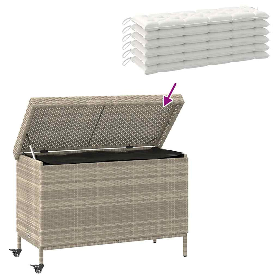Tuinbox met wielen 110x55x73 cm poly rattan lichtgrijs