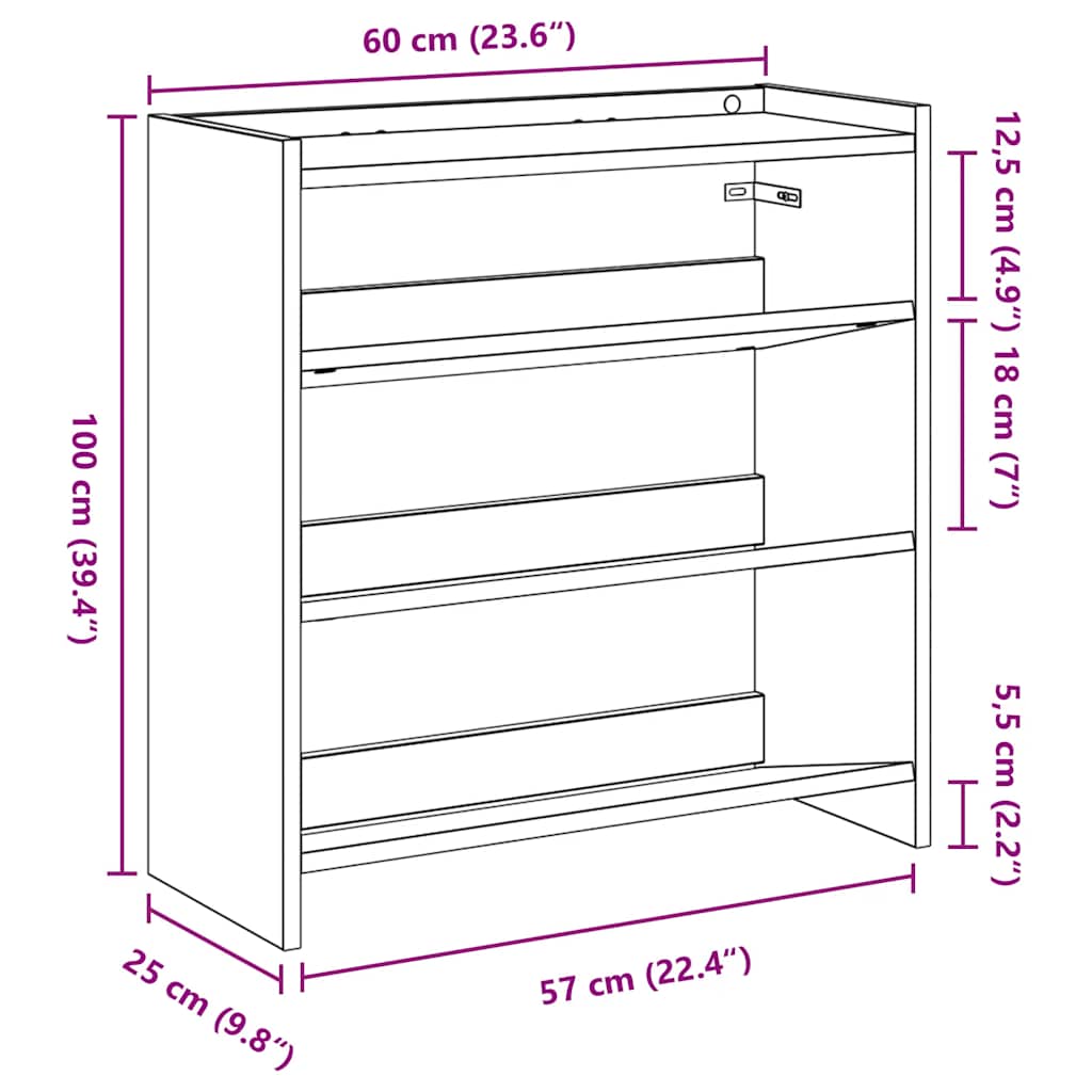Schoenenrek 60x25x62 cm bewerkt hout artisanaal eikenkleur