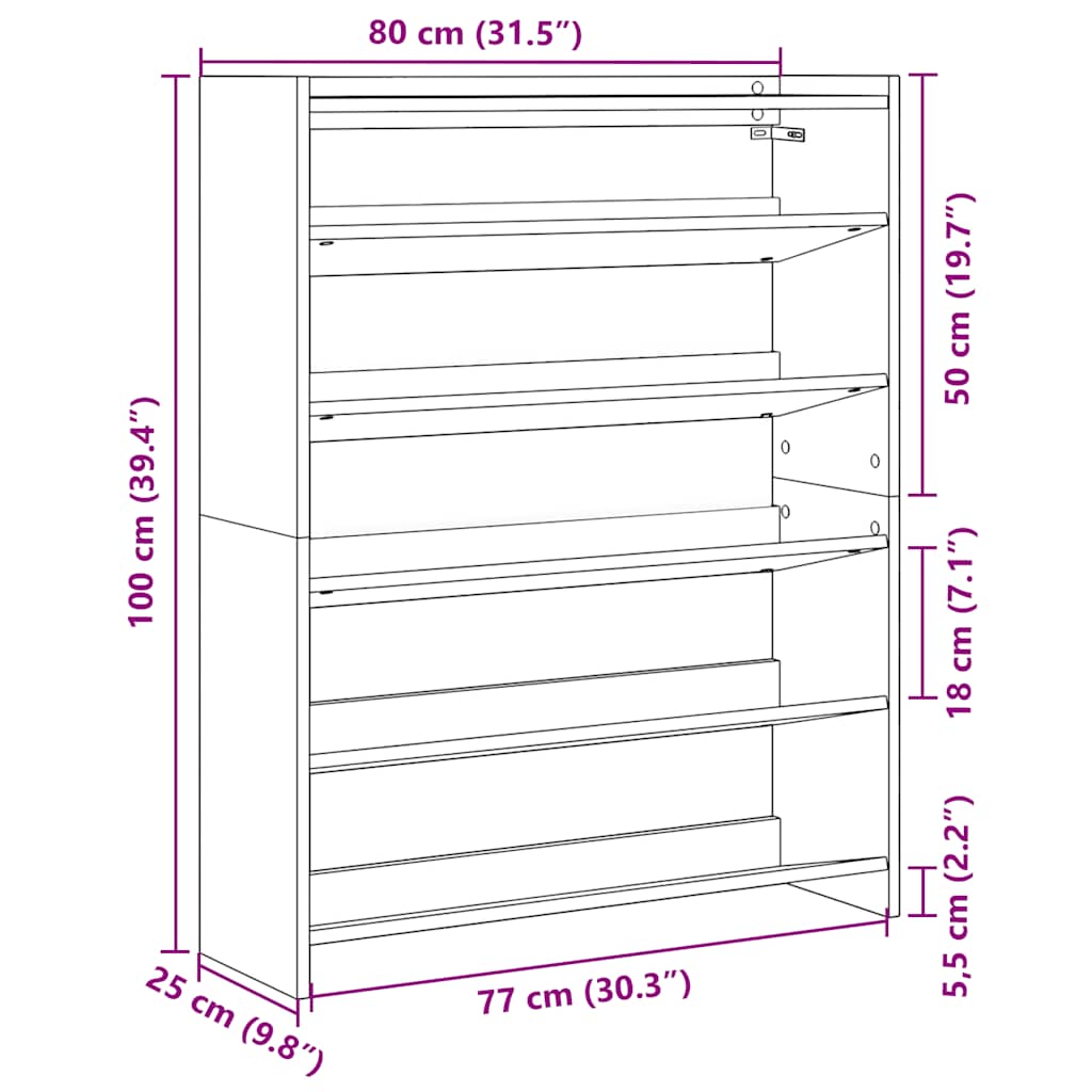 Schoenenrek 80x25x100 cm bewerkt hout gerookt eikenkleurig