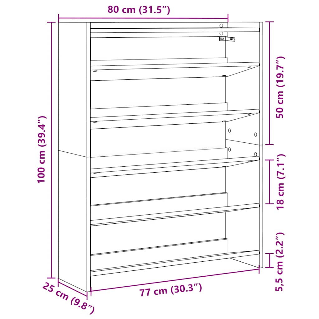 Schoenenrek 80x25x100 cm bewerkt hout artisanaal eikenkleur