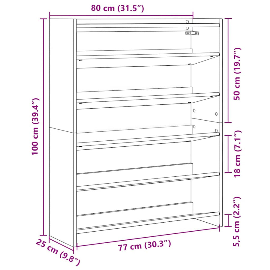 Schoenenrek 80x25x100 cm bewerkt hout artisanaal eikenkleur