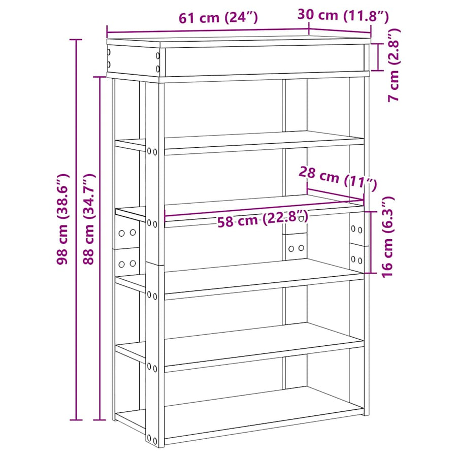 Schoenenrek 60x30x98 cm bewerkt hout grijs sonoma