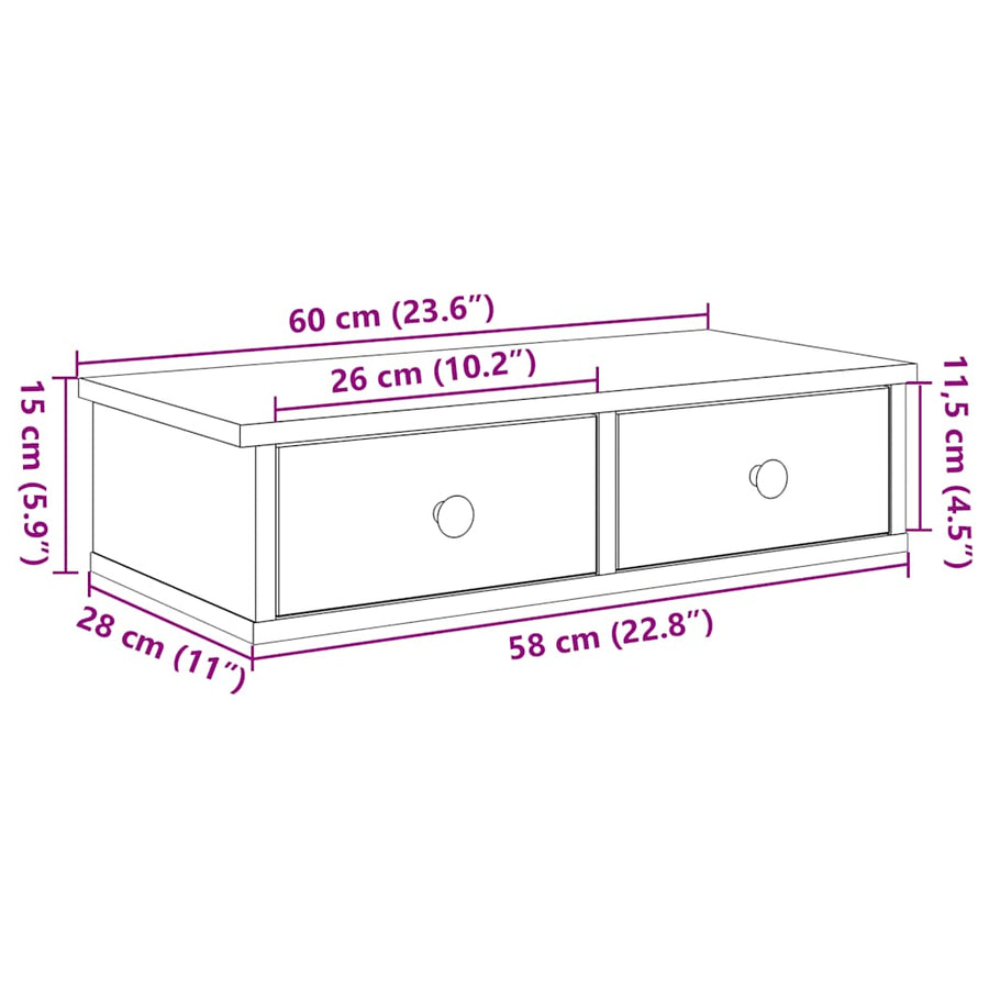 Wandschap met lades 60x25x15 cm bewerkt hout zwart