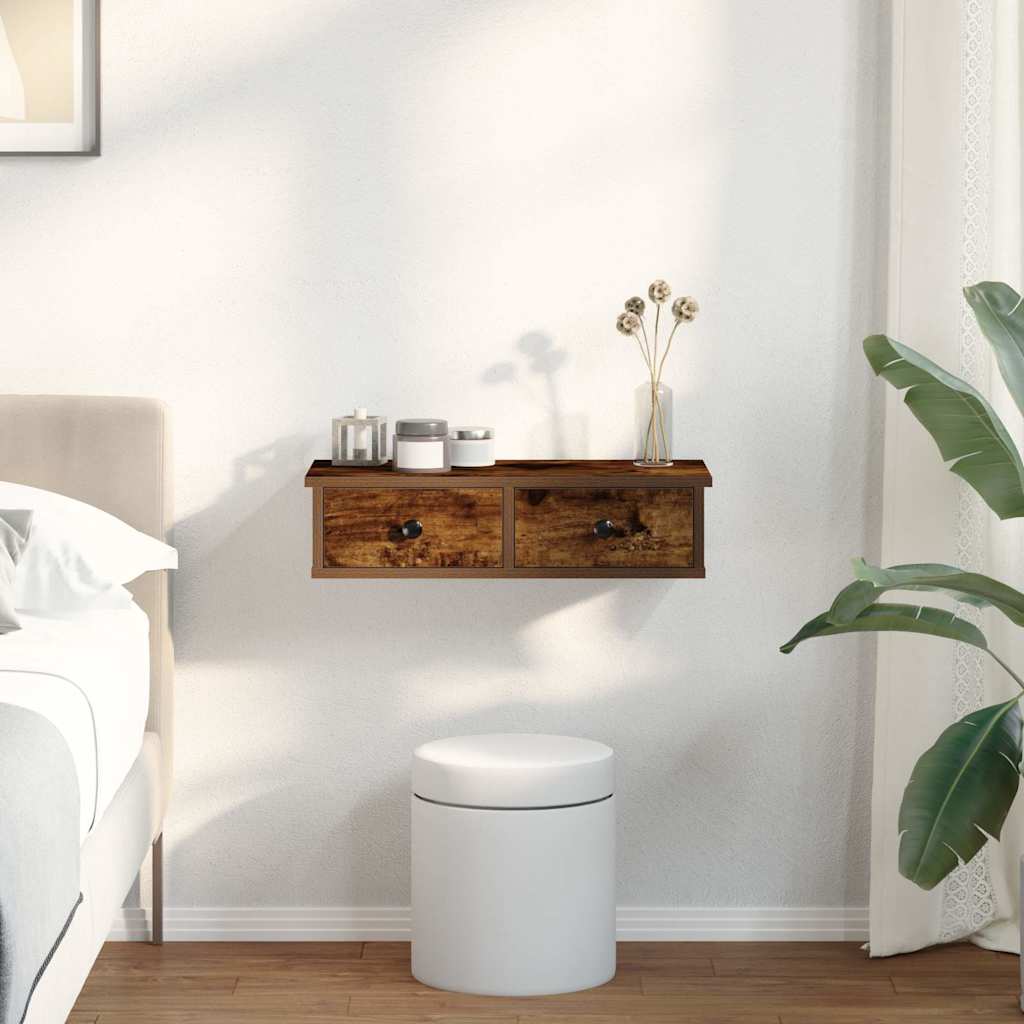 Wandschap met lades 60x25x15 cm bewerkt hout gerookt eikenkleur