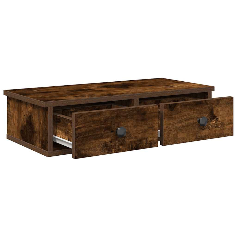 Wandschap met lades 60x25x15 cm bewerkt hout gerookt eikenkleur