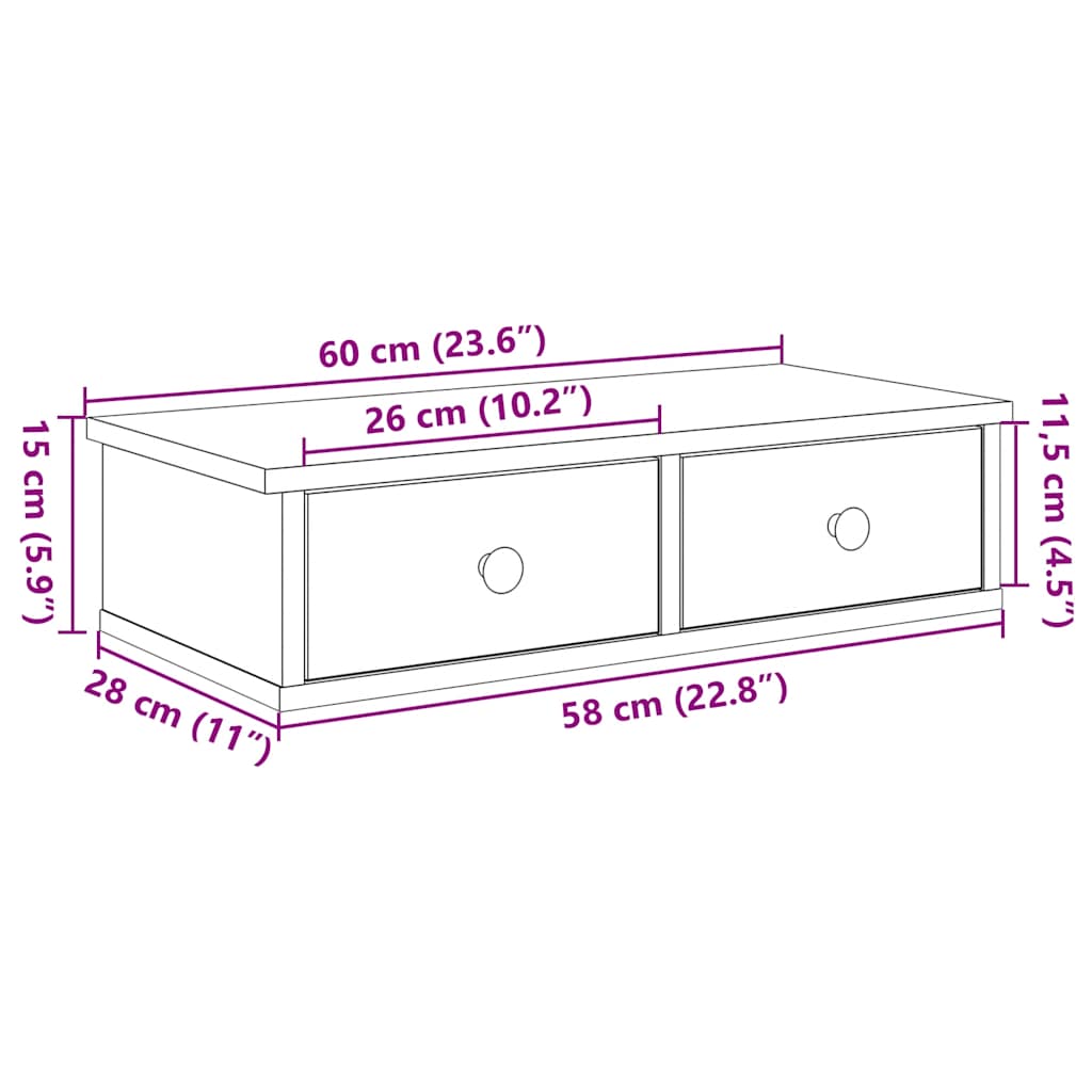 Wandschap met lades 60x25x15 cm bewerkt hout artisanaal eiken
