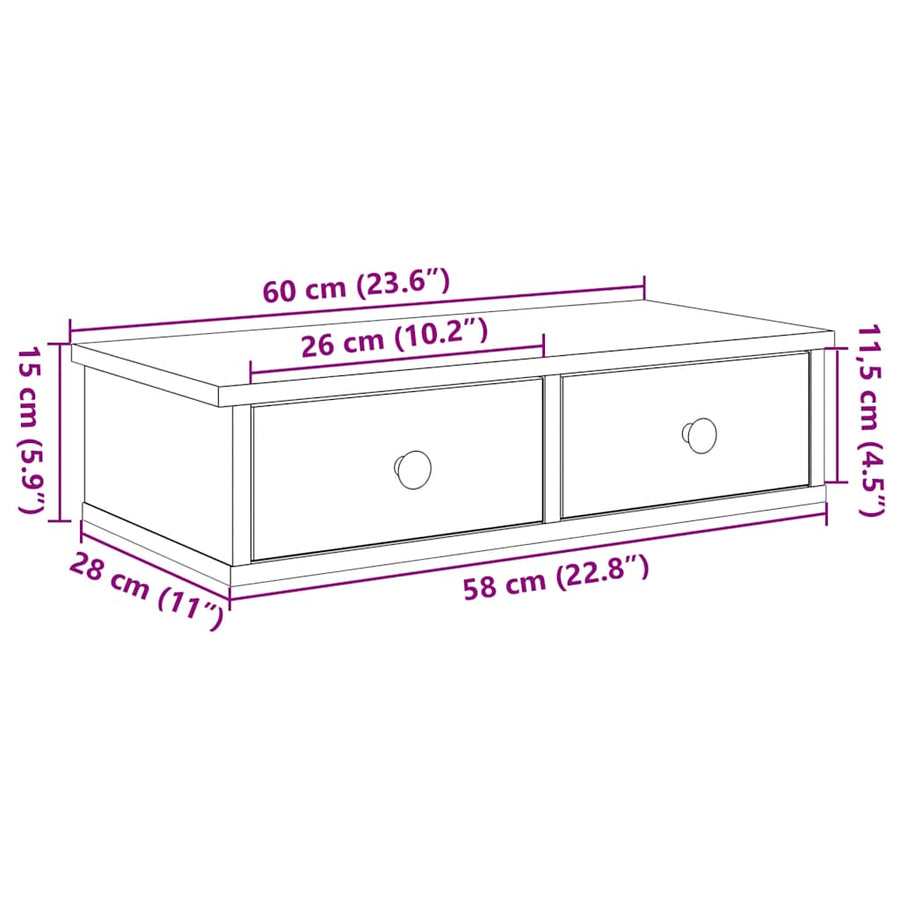 Wandschap met lades 60x25x15 cm bewerkt hout artisanaal eiken
