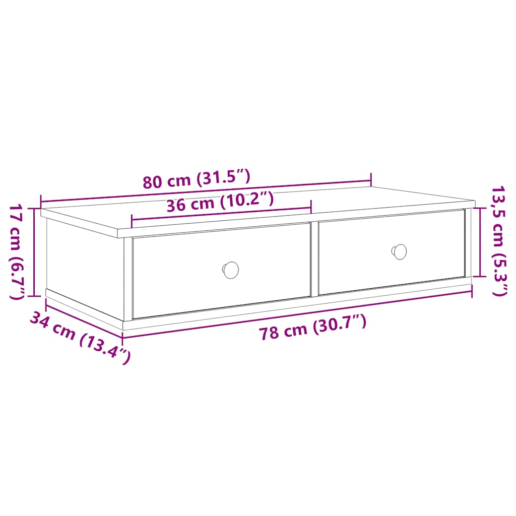 Wandschap met lades 80x31x17 cm bewerkt hout oud houtkleurig