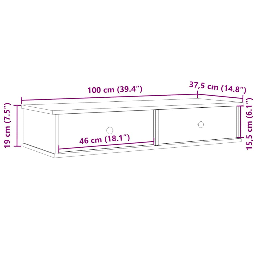 Wandschap met lades 100x37,5x19 cm bewerkt hout grijs sonoma