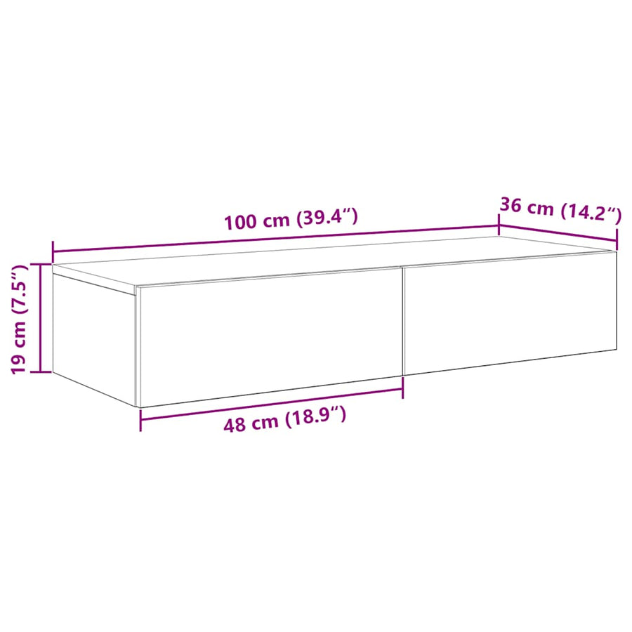 Wandschap met lades 100x36x19 cm bewerkt hout betongrijs