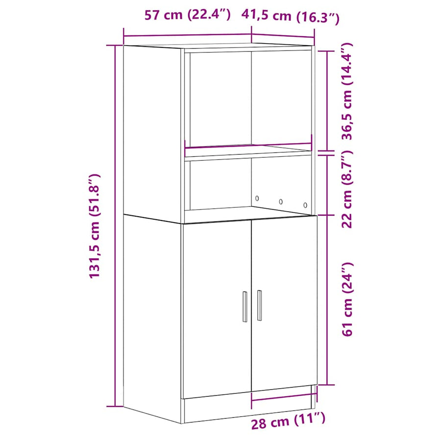 Keukenkast 57x41,5x131,5 cm bewerkt hout artisanaal eiken