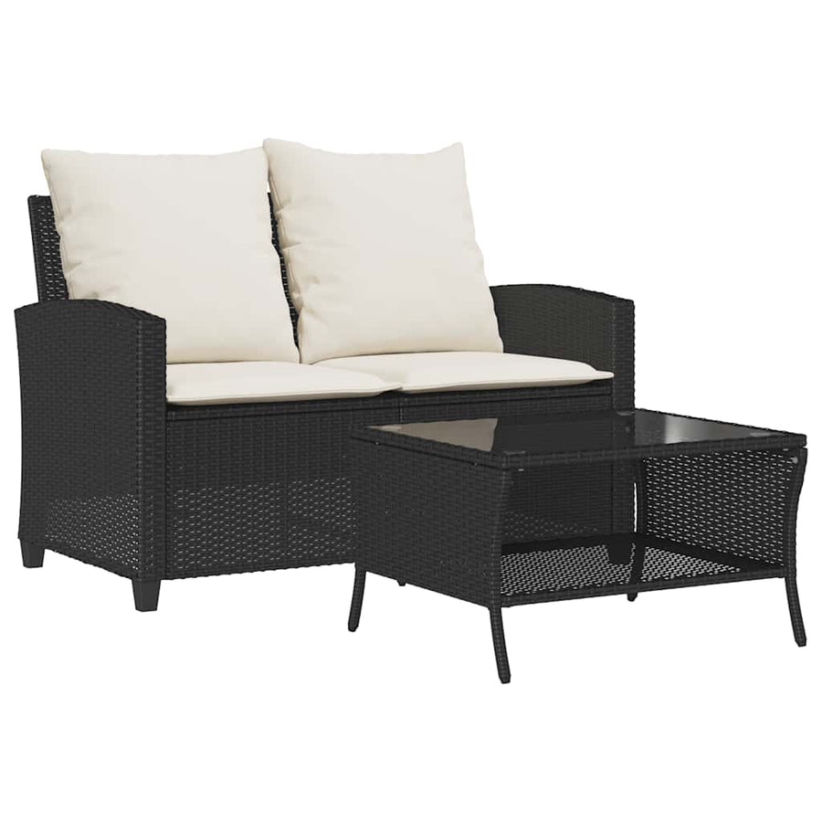 Tuinbank 2-zits met kussens & tafel poly rattan zwart