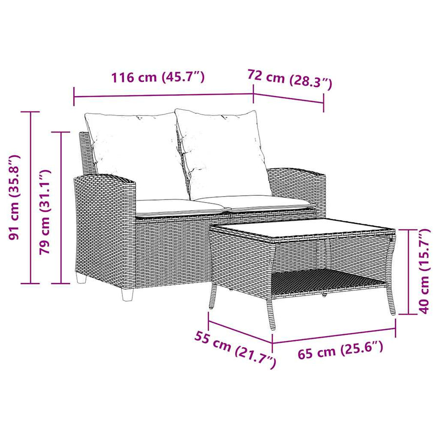 Tuinbank 2-zits met kussens & tafel poly rattan zwart