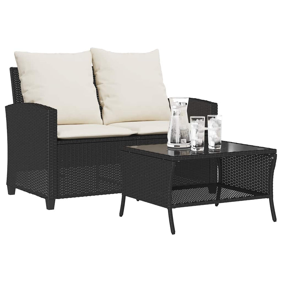 Tuinbank 2-zits met kussens & tafel poly rattan zwart