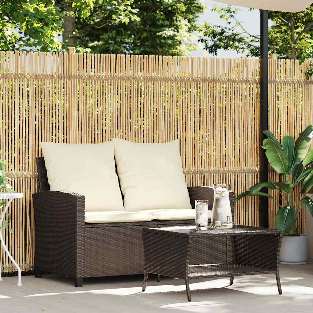 Tuinbank 2-zits met kussens & tafel poly rattan bruin