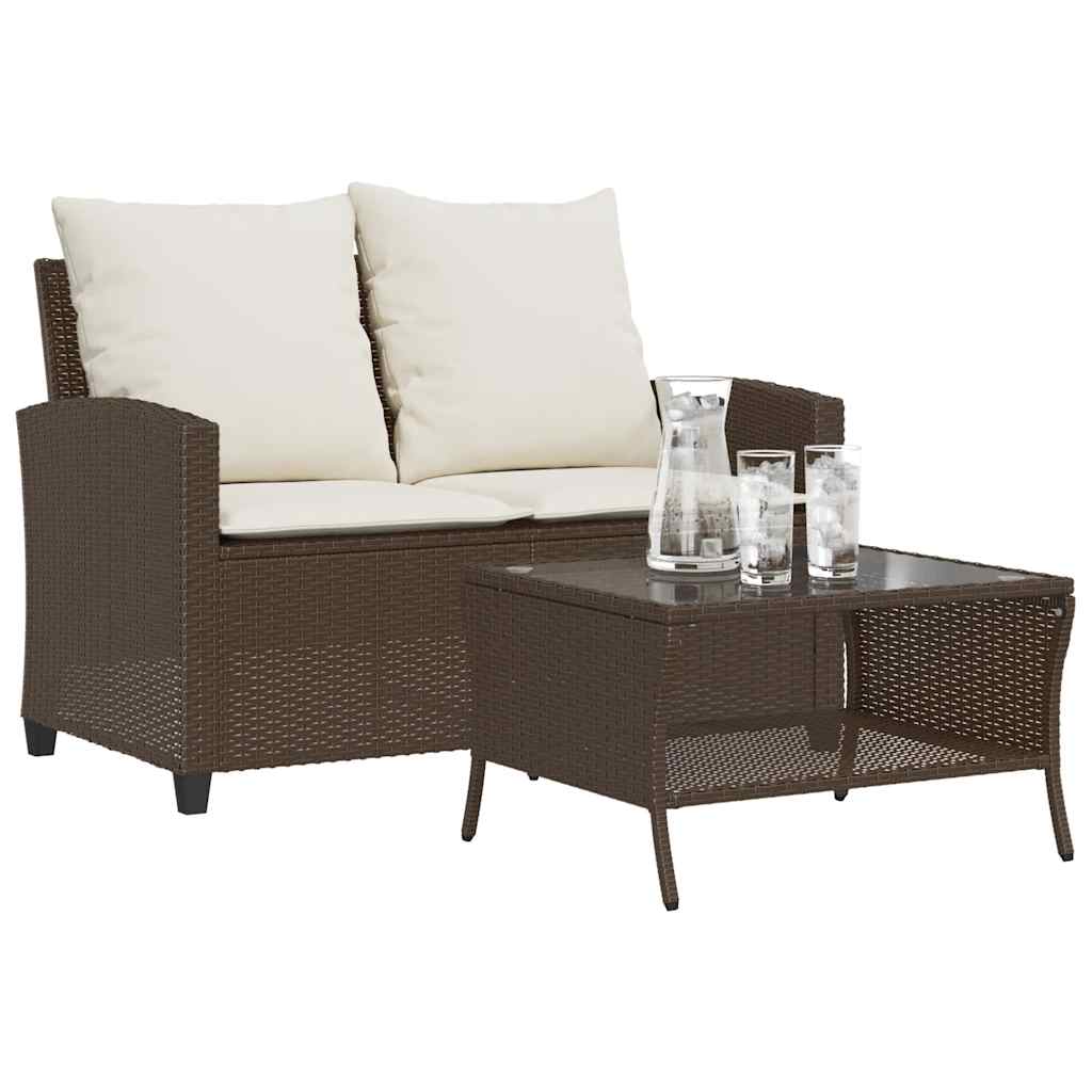 Tuinbank 2-zits met kussens & tafel poly rattan bruin