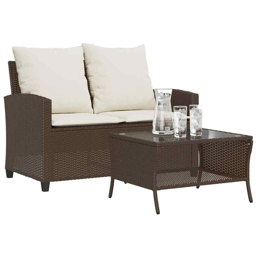 Tuinbank 2-zits met kussens & tafel poly rattan bruin