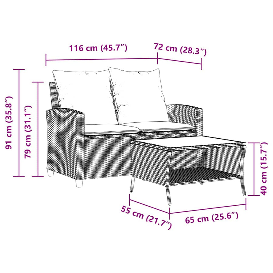 Tuinbank 2-zits met kussens & tafel poly rattan grijs