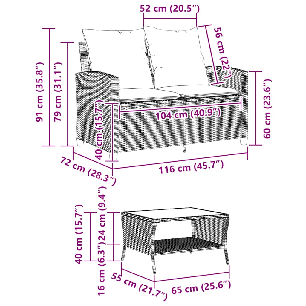 Tuinbank 2-zits met kussens & tafel poly rattan grijs