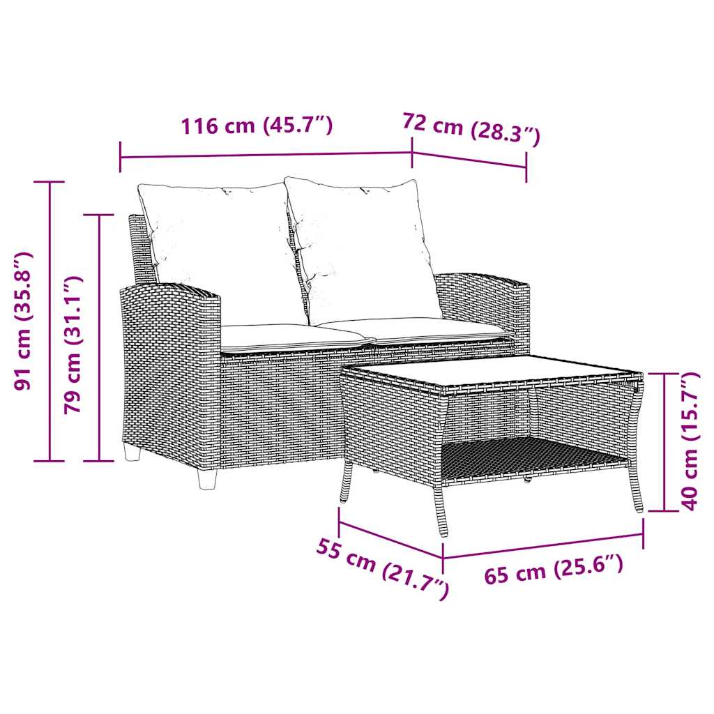 Tuinbank 2-zits met kussens & tafel poly rattan beige
