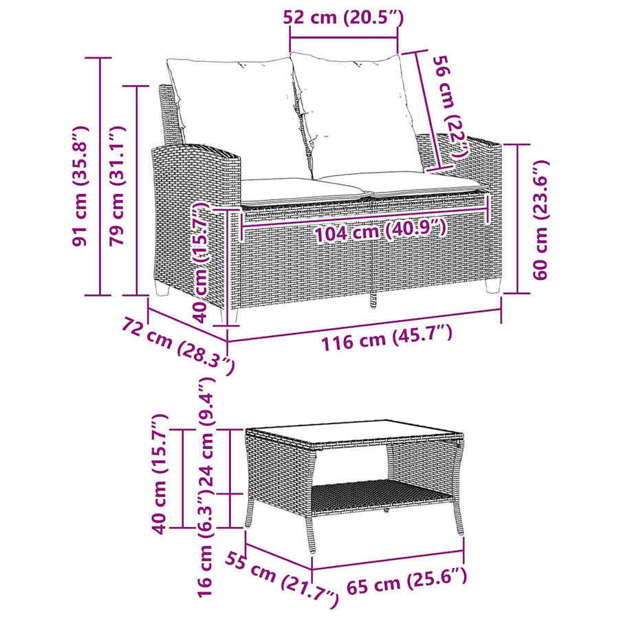 Tuinbank 2-zits met kussens & tafel poly rattan beige