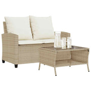2-Seater Garden Bench with Cushions & Table Poly Rattan Beige