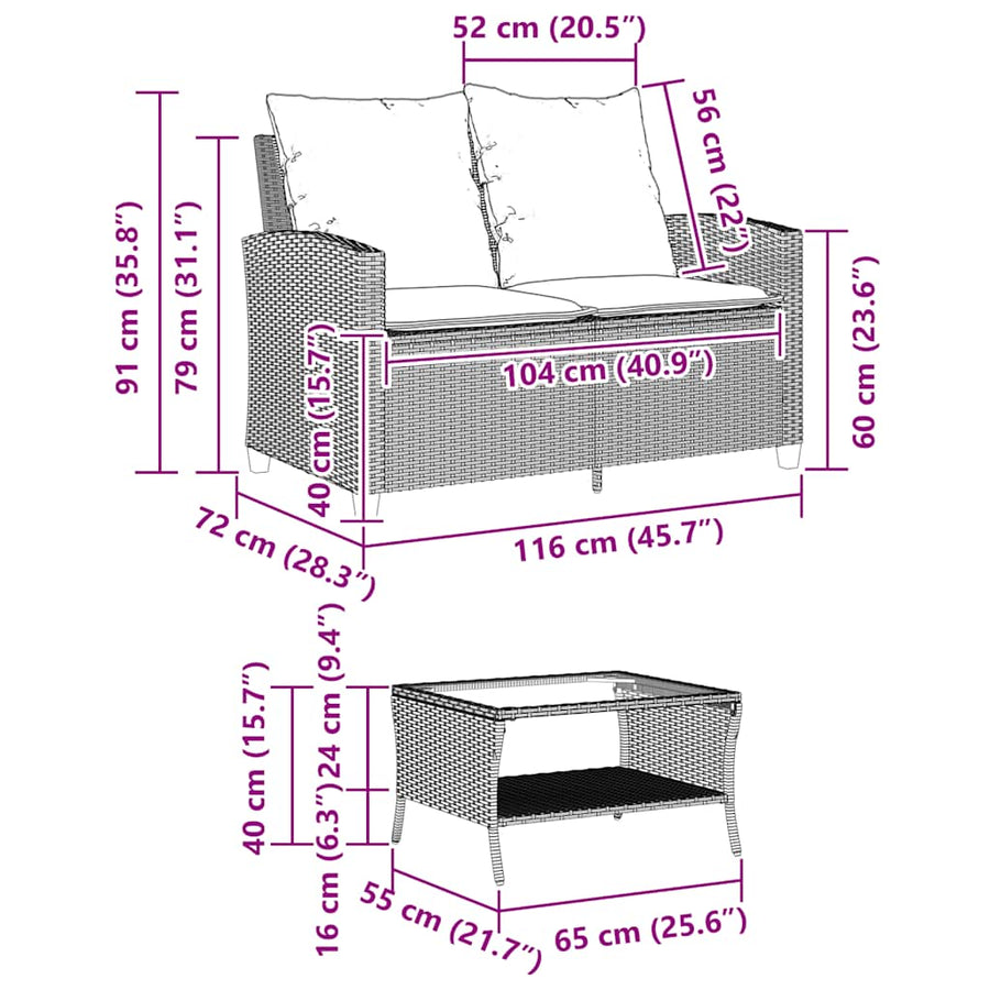 Tuinbank 2-zits met kussens & tafel poly rattan lichtgrijs