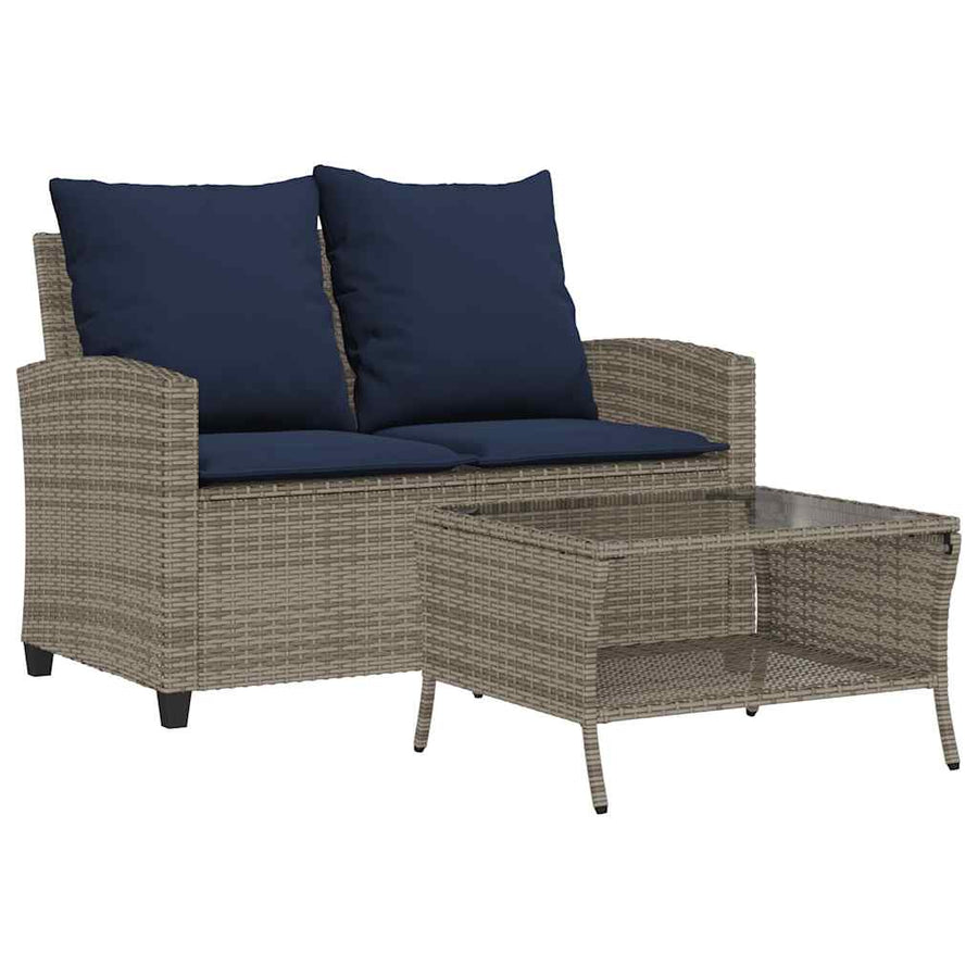 Tuinbank 2-zits met kussens & tafel poly rattan grijs