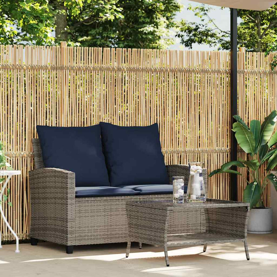 Tuinbank 2-zits met kussens & tafel poly rattan grijs